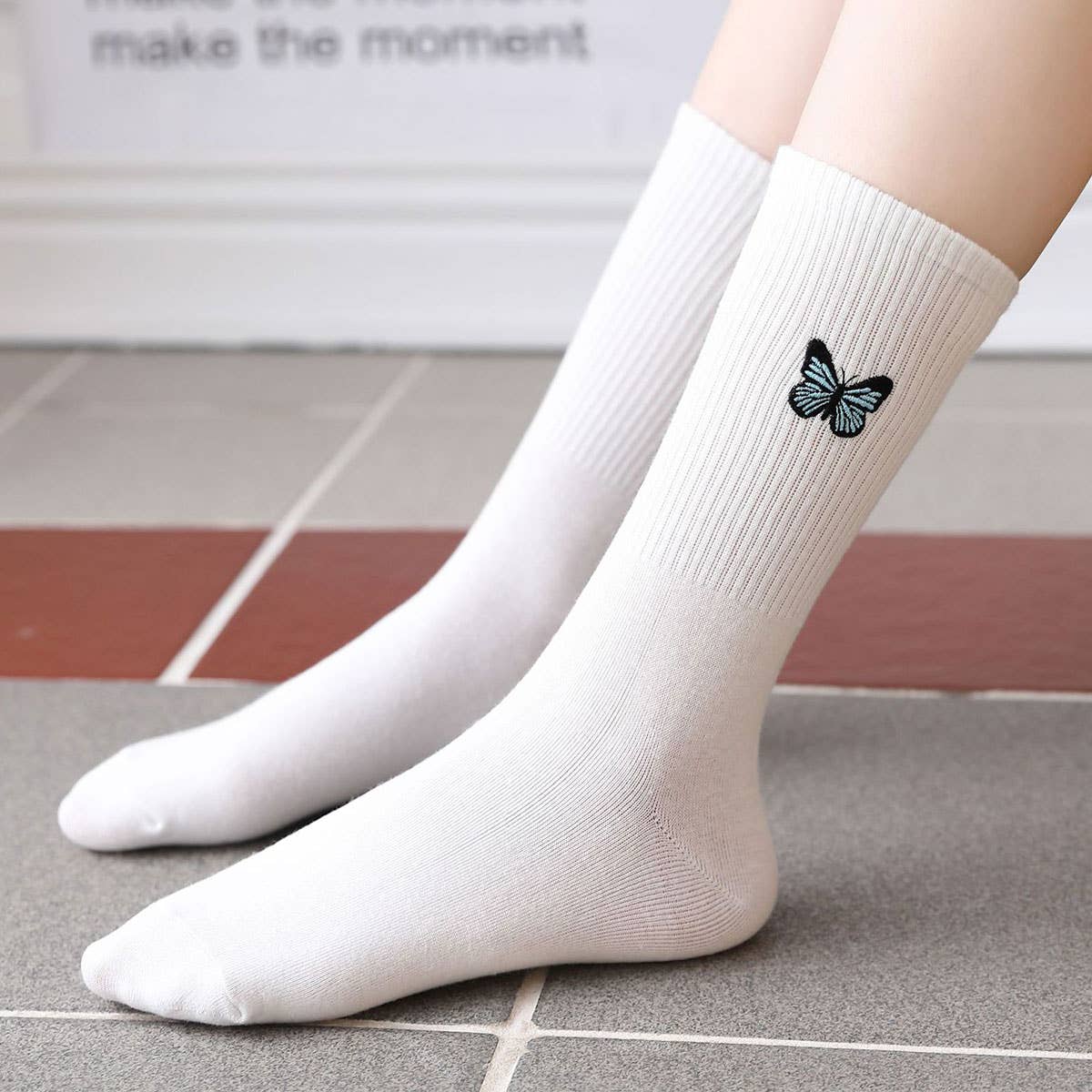 Embroidered Butterfly Crew Socks