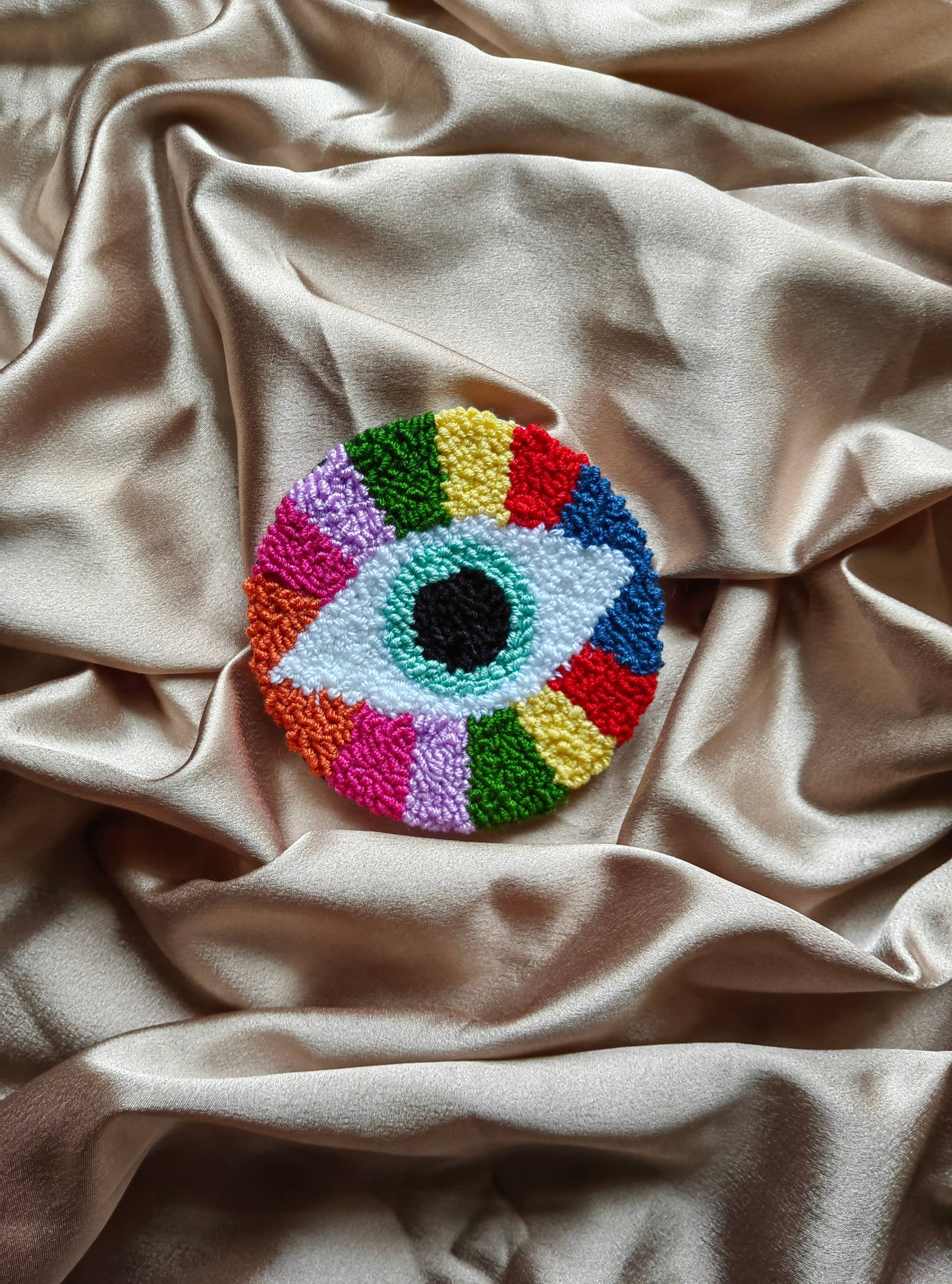 Rainbow Evil Eye Punch Needle Mug Rug Coaster