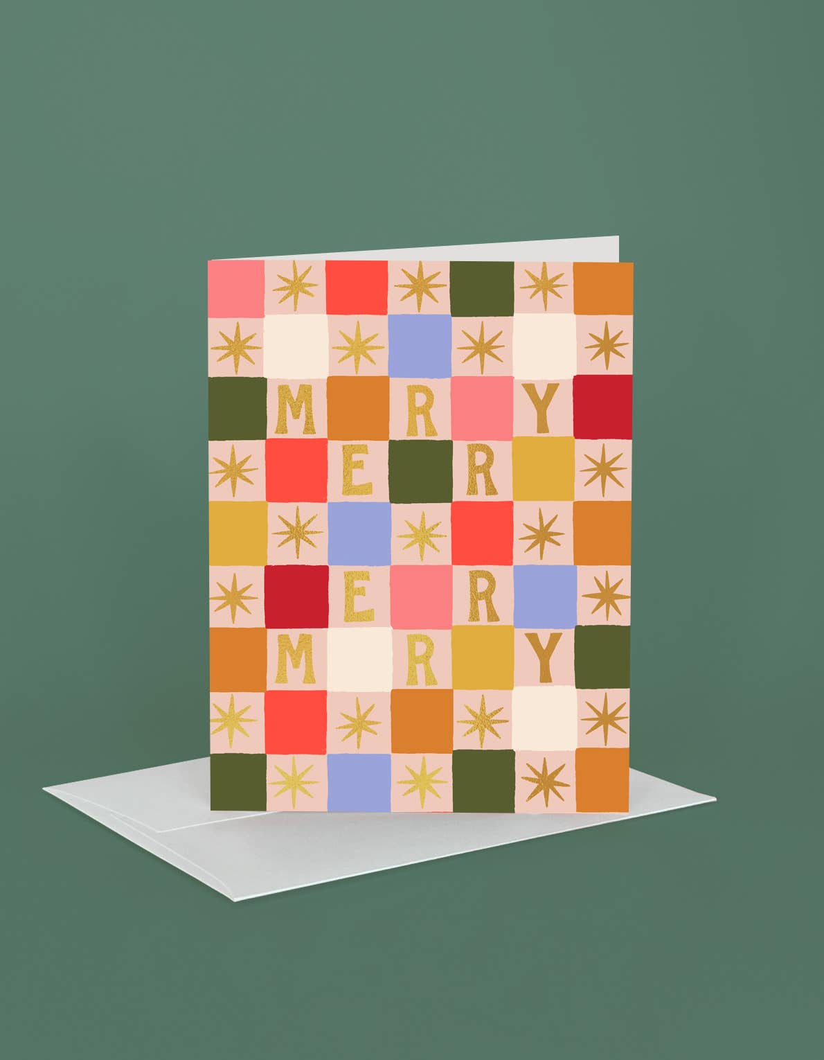 Merry Checks & Stars Holiday Greeting Card