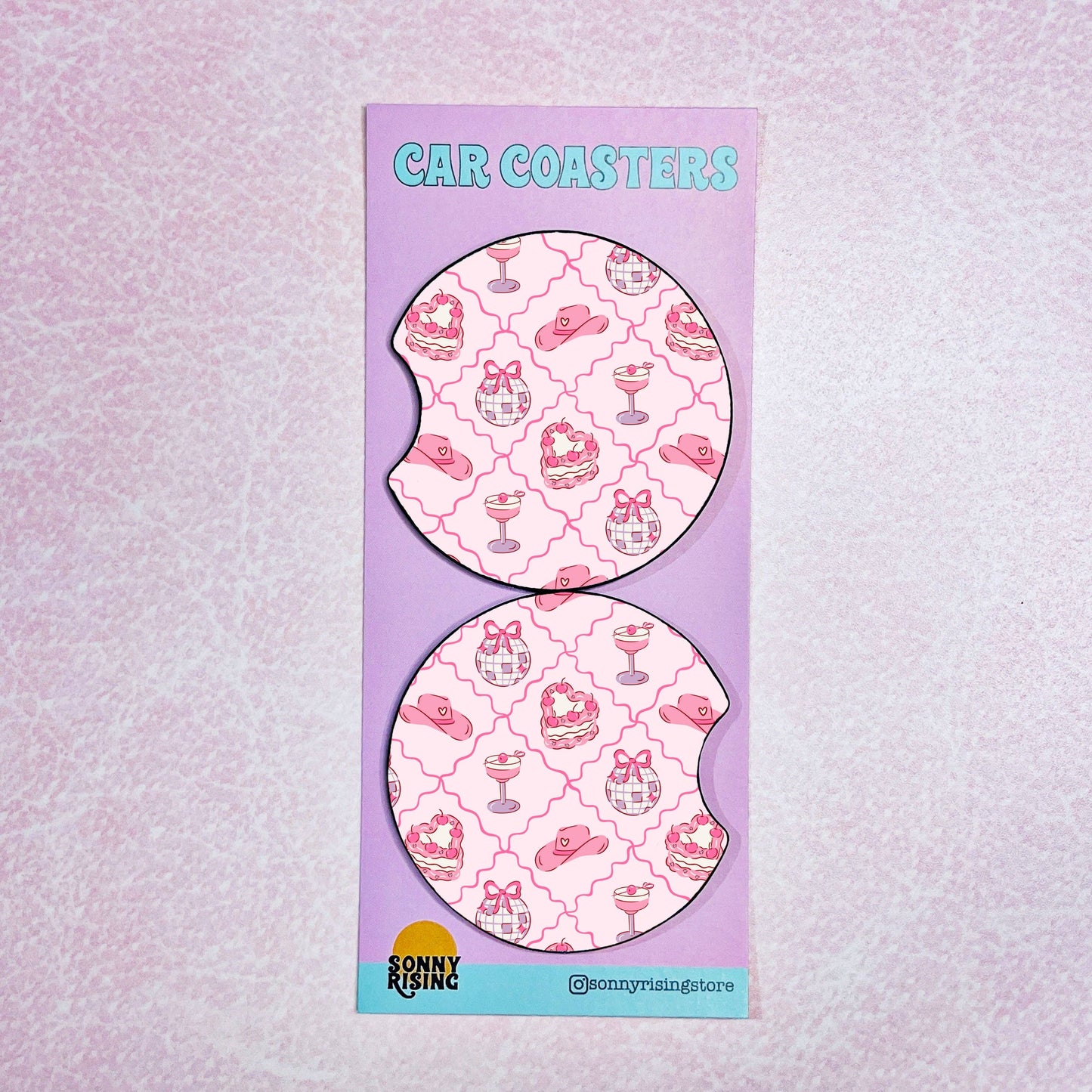 Disco, Cakes, and Cowgirl Hats Car Coasters - 2 Pack