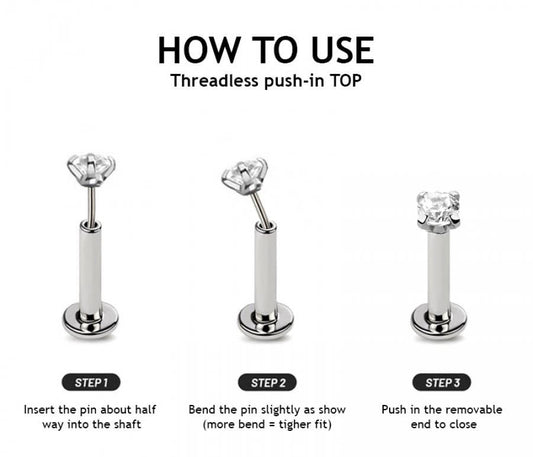 Step-by-step guide on how to use a threadless push-in top earring with Crave branding.