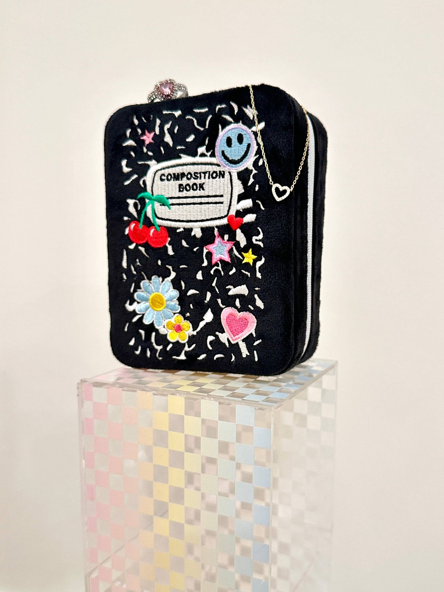 Composition Book Velvet Jewelry Zip Case