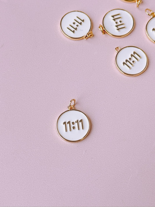 11:11 Enamel Coin White & Gold Charm