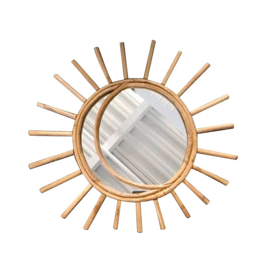 25" Handmade Boho Sun Shape Rattan Cane Wall Mirror