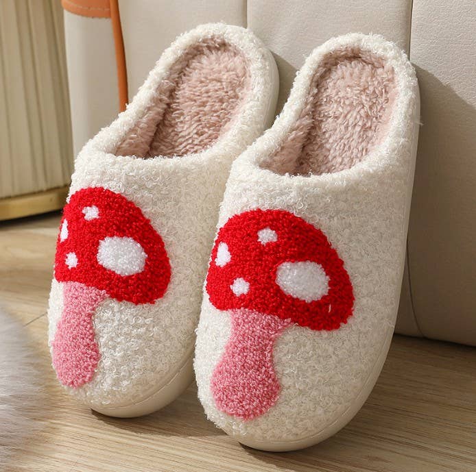 Soft Plush Mushroom Heart Rainbow Slippers