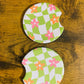 Groovy Green Check and Pink Daisies, Car Coaster 2-Pack