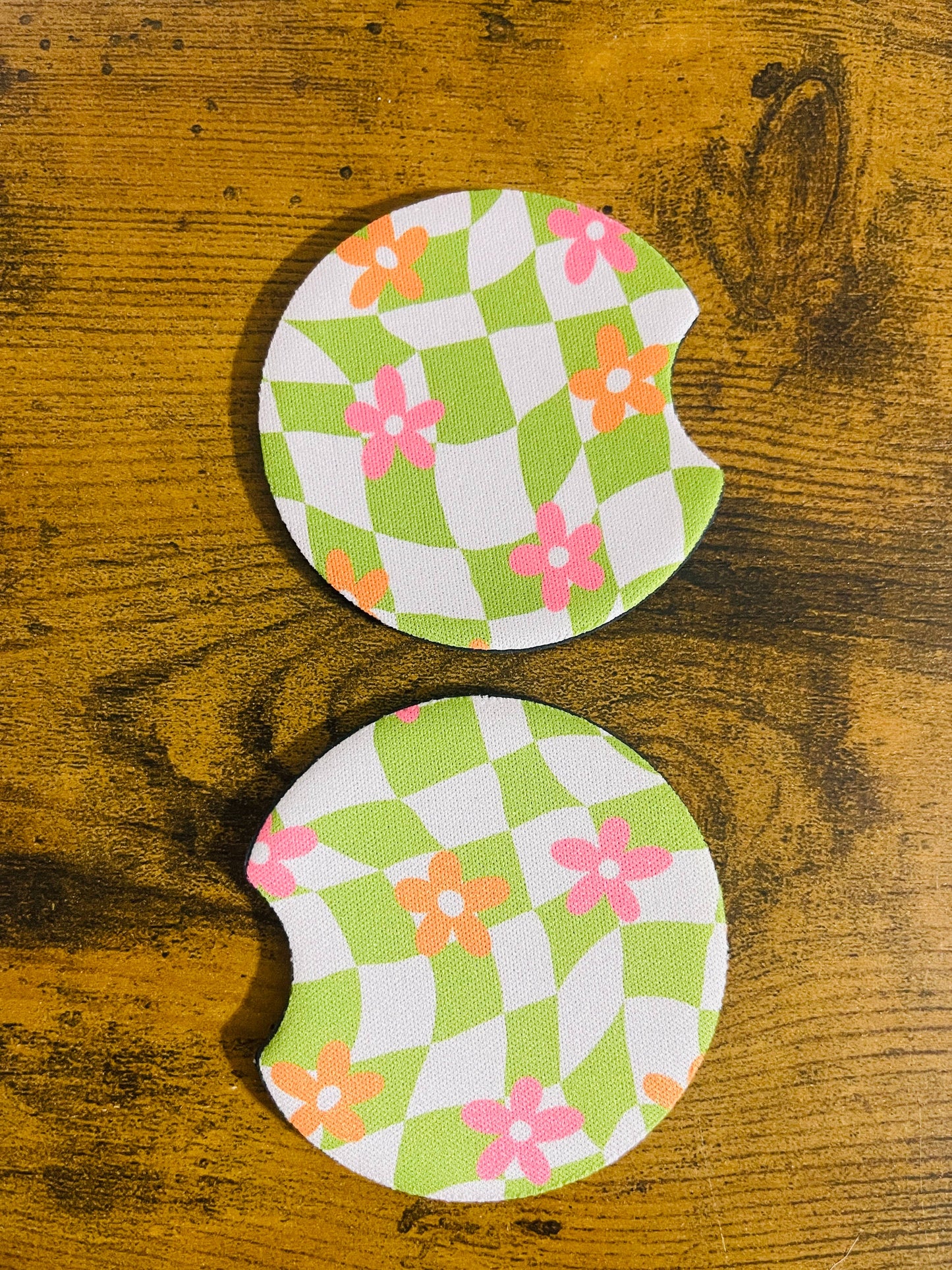 Groovy Green Check and Pink Daisies, Car Coaster 2-Pack