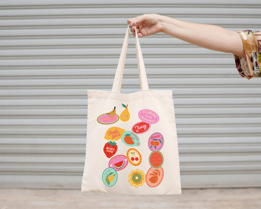 Colorful Fruit Stickers Canvas Tote Bag