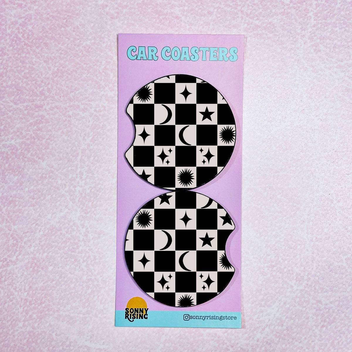 Black Moon and Stars Checkerboard Car Coasters 2-Pack