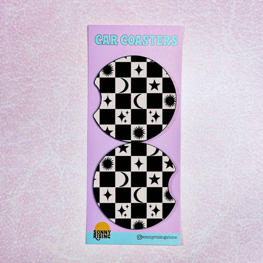 Black Moon and Stars Checkerboard Car Coasters 2-Pack