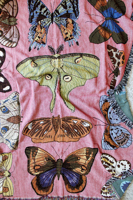 Moth Still Life Pink Tapestry Blanket