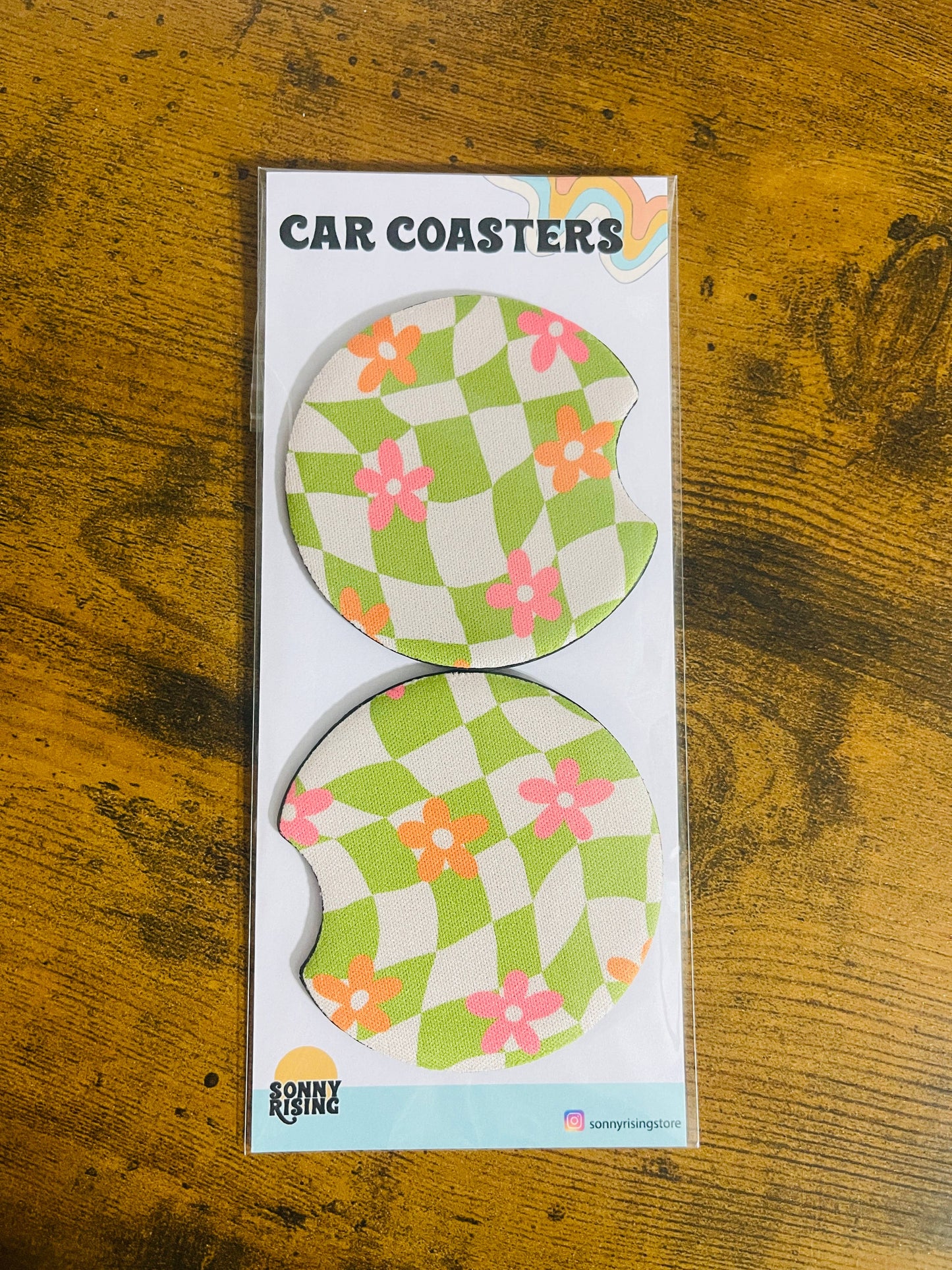 Groovy Green Check and Pink Daisies, Car Coaster 2-Pack