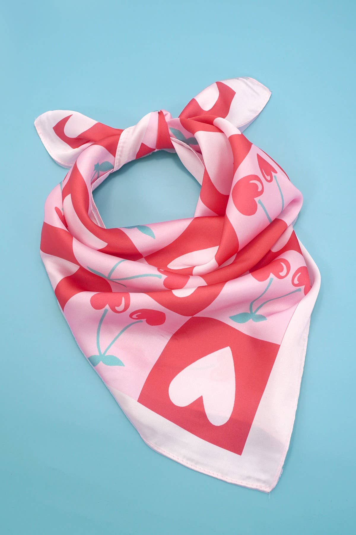 Cherry Heart Checkered Silky Feel Bandana Scarf