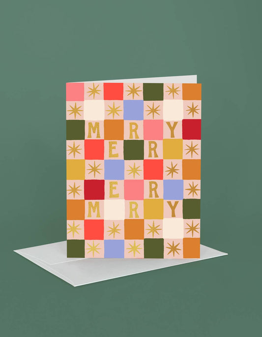 Merry Checks & Stars Holiday Greeting Card