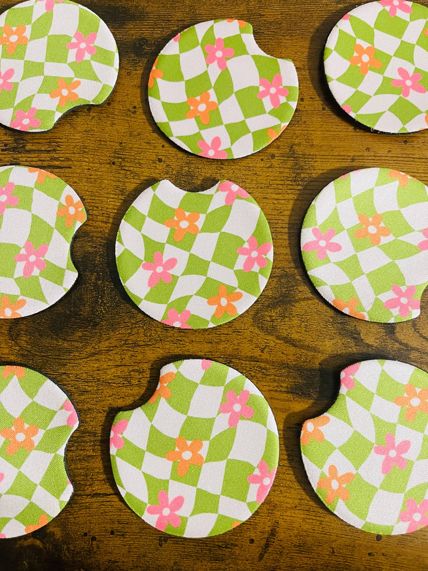 Groovy Green Check and Pink Daisies, Car Coaster 2-Pack