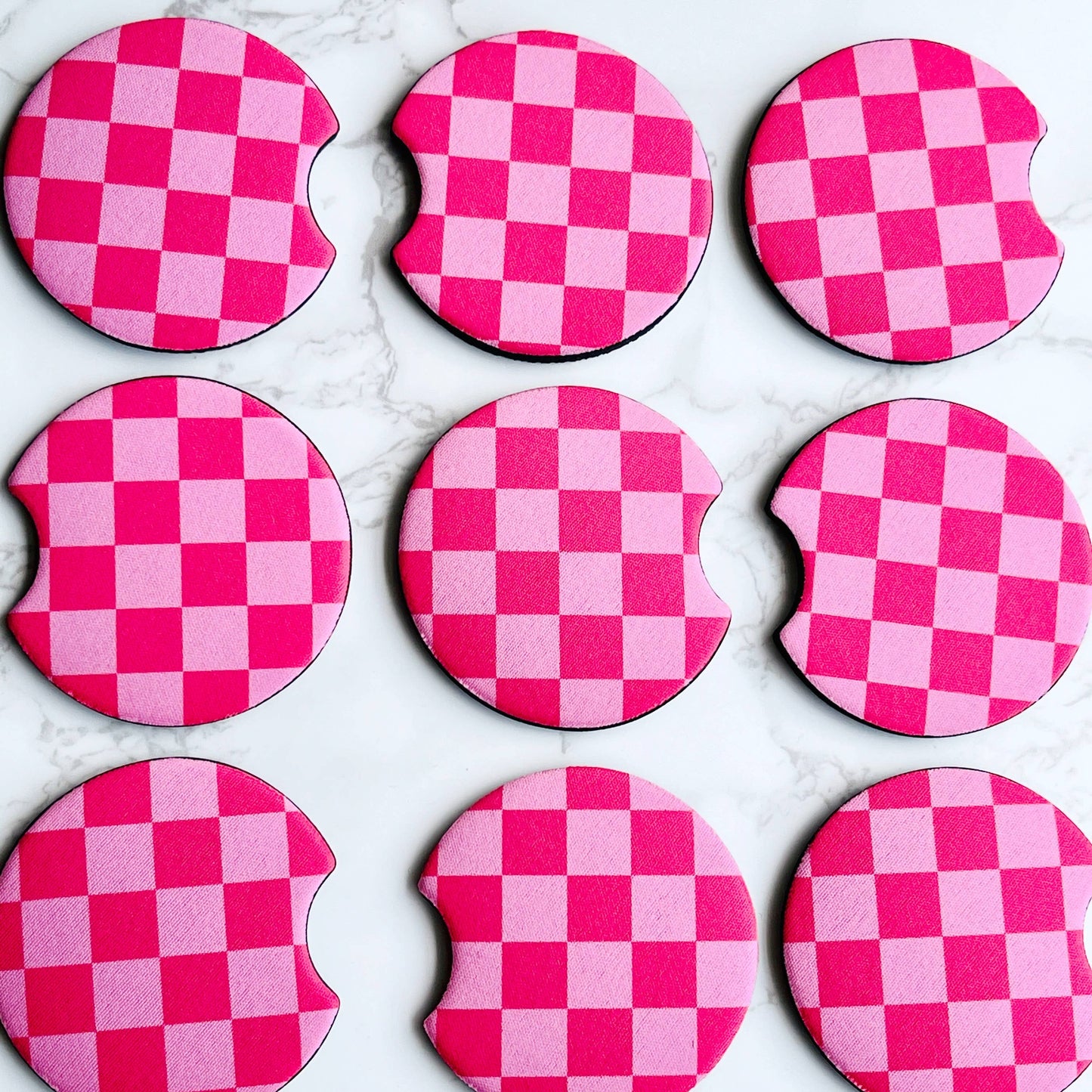 Pink Checkerboard, Car Coasters 2-Pack