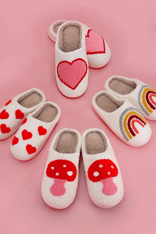 Soft Plush Mushroom Heart Rainbow Slippers