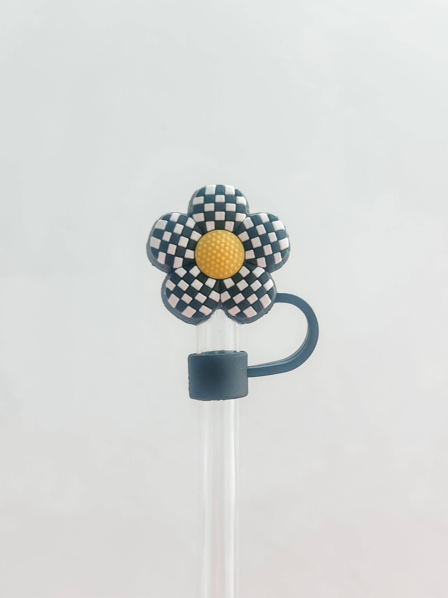 Black Checkered Flower Straw Cover