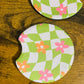 Groovy Green Check and Pink Daisies, Car Coaster 2-Pack