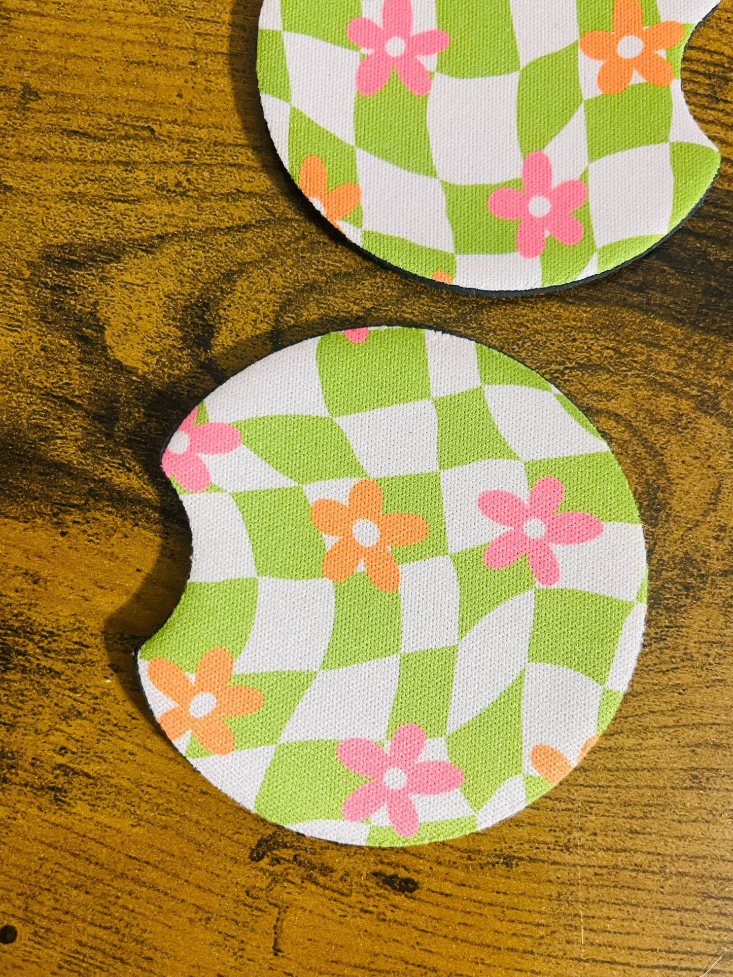 Groovy Green Check and Pink Daisies, Car Coaster 2-Pack