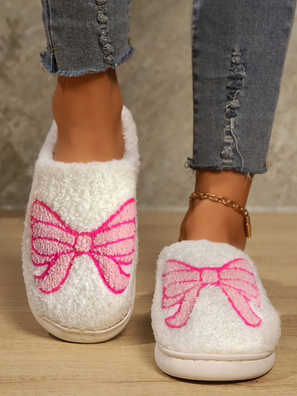 Pink Flower Plush Slippers