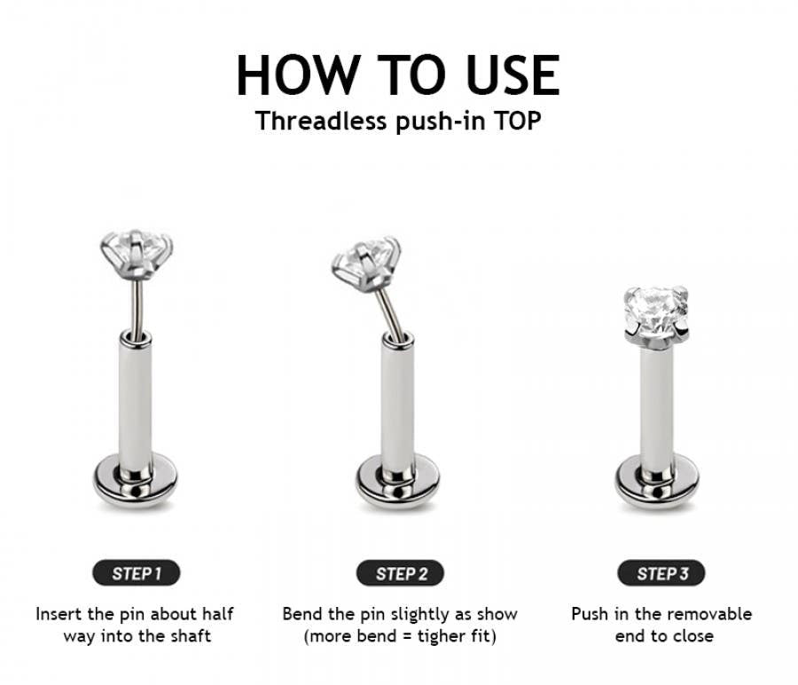 Step-by-step guide on how to use a threadless push-in top earring with Crave branding.