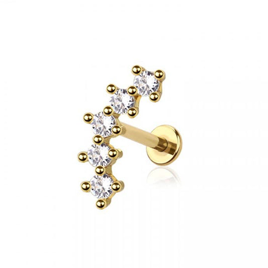 Gold earring with clear stones on a white background, branded 'Crave'.