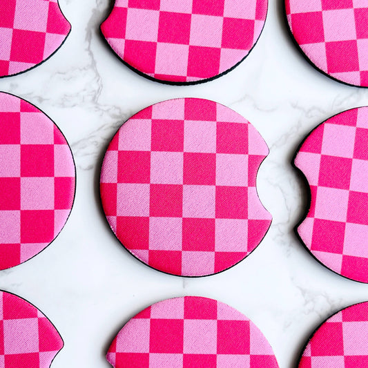 Pink Checkerboard, Car Coasters 2-Pack