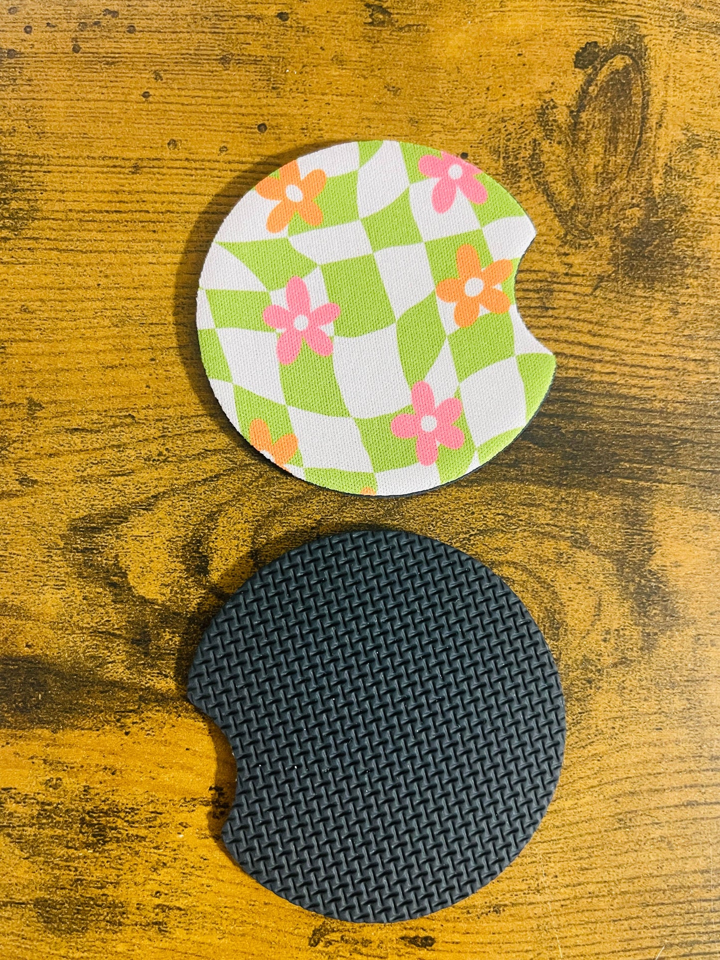 Groovy Green Check and Pink Daisies, Car Coaster 2-Pack