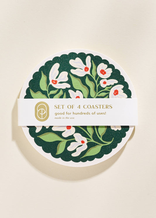 Green and Lavender Floral Scalloped Coasters - Set of 4