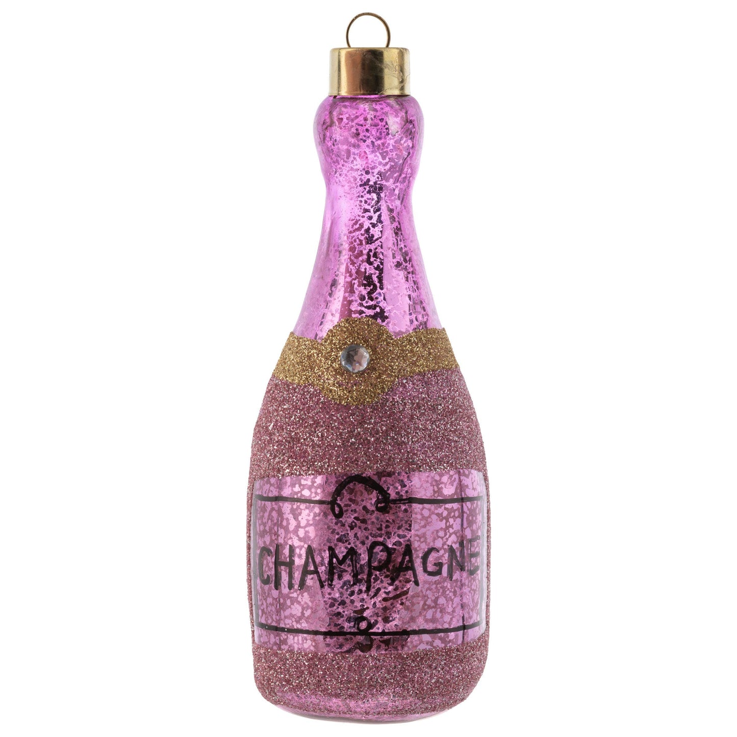 Glitter Champagne Bottle Mercury Glass Ornament