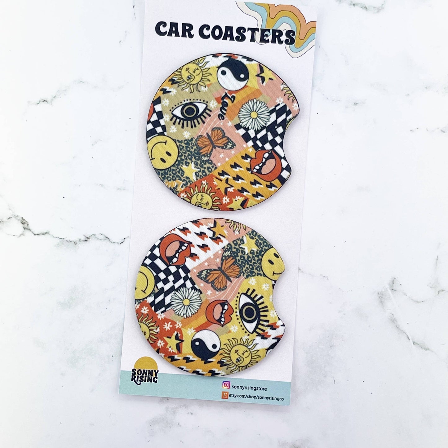 Orange Retro Collage Style, Car Coasters 2-Pack