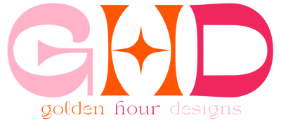 Logo for 'golden hour designs' with pink, orange, and white colors on a white background.