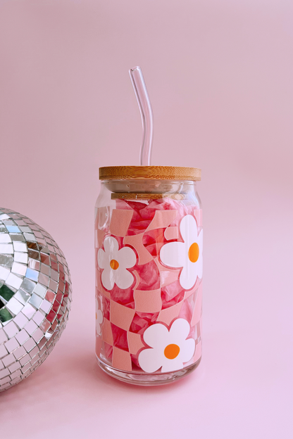 Checkered Daisy Glass Cup