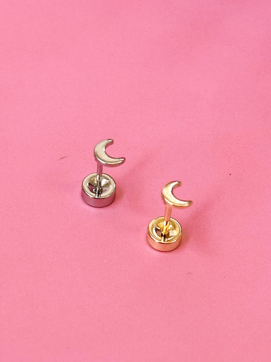 Crescent Moon Flat-back Screw-back Stud - Single (Gold + Silver)