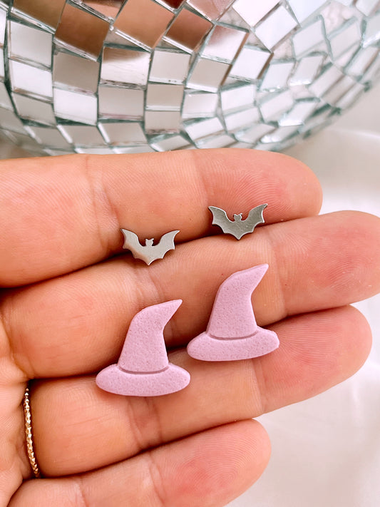 Silver Bat & Witch Hat Stud Pack