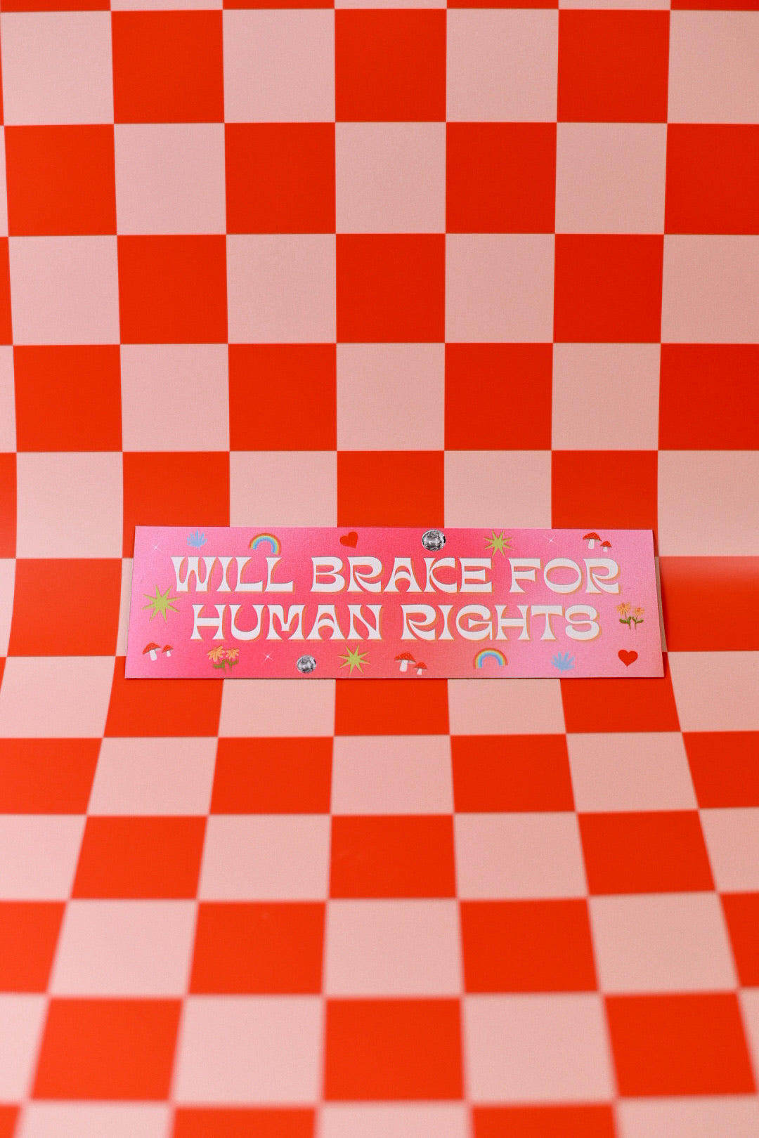 Pink license plate with 'WILL BRAKE FOR HUMAN RIGHTS' text on a red and pink checkered background