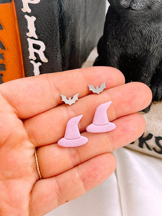 Silver Bat & Witch Hat Stud Pack