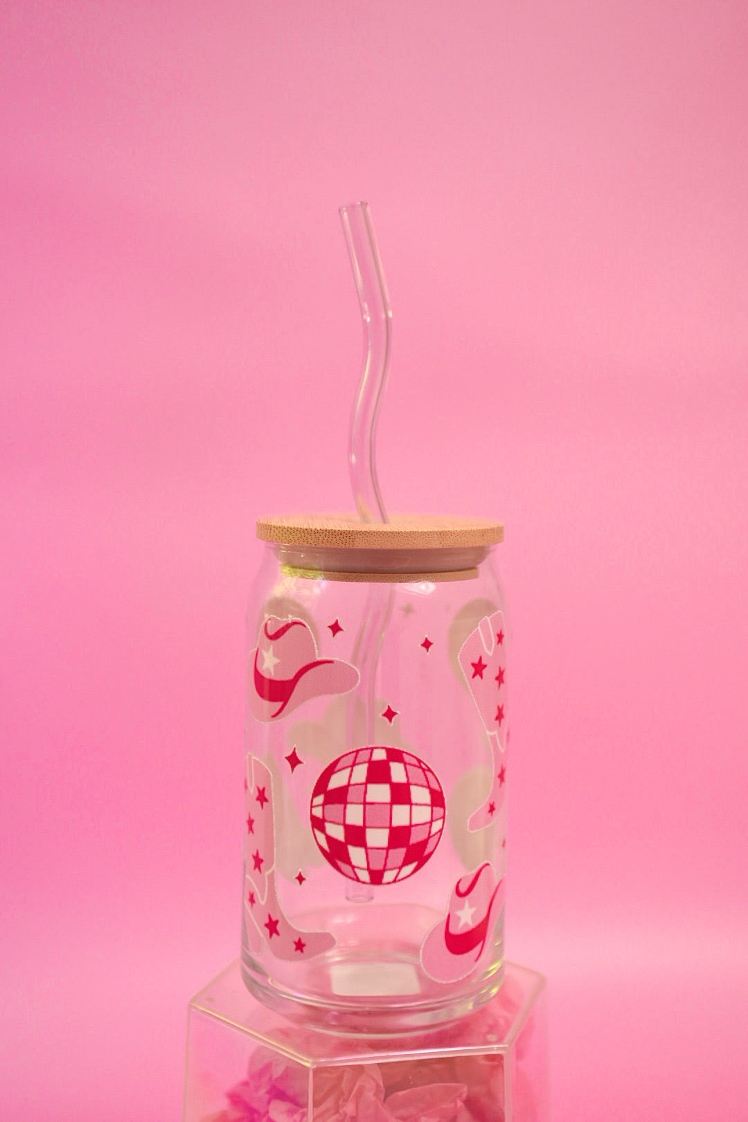 Pink Disco Cowgirl Glass Cup