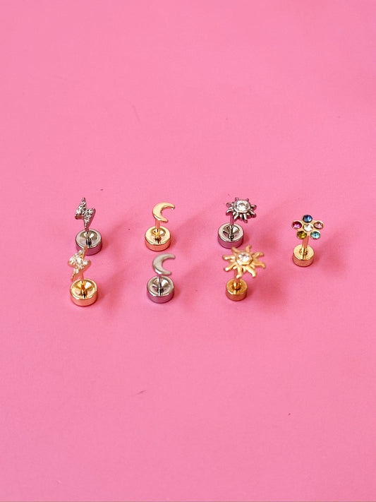 Crescent Moon Flat-back Screw-back Stud - Single (Gold + Silver)