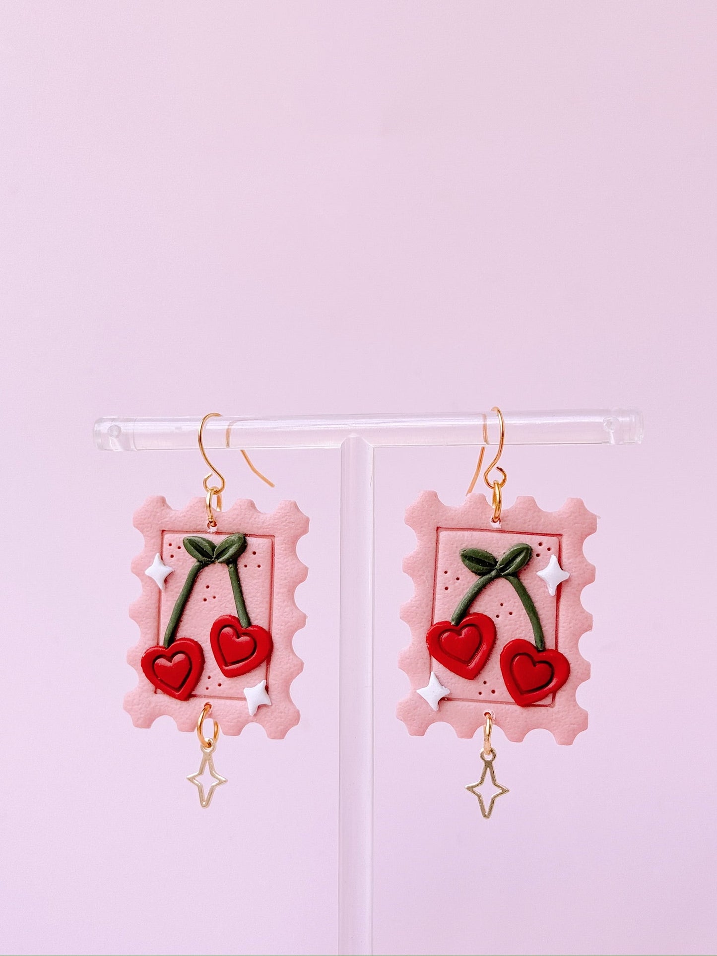 Golden Hour Designs Cherry Stamp Polymer Clay Dangle Earrings