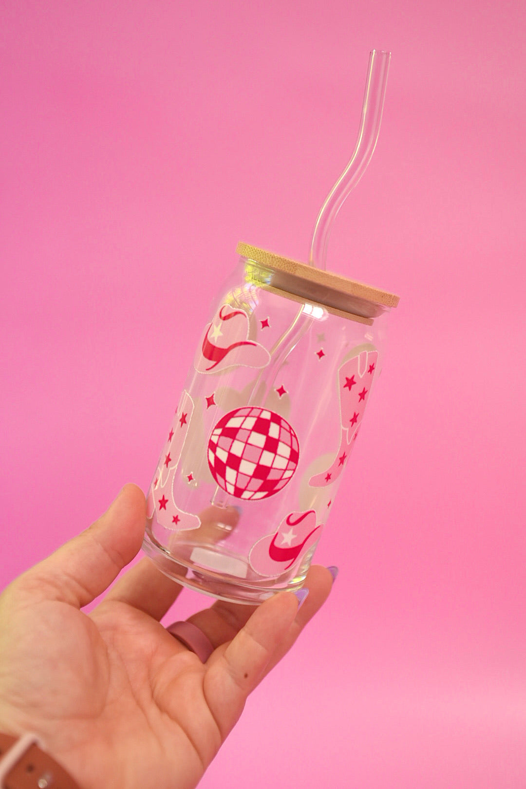 Pink Disco Cowgirl Glass Cup