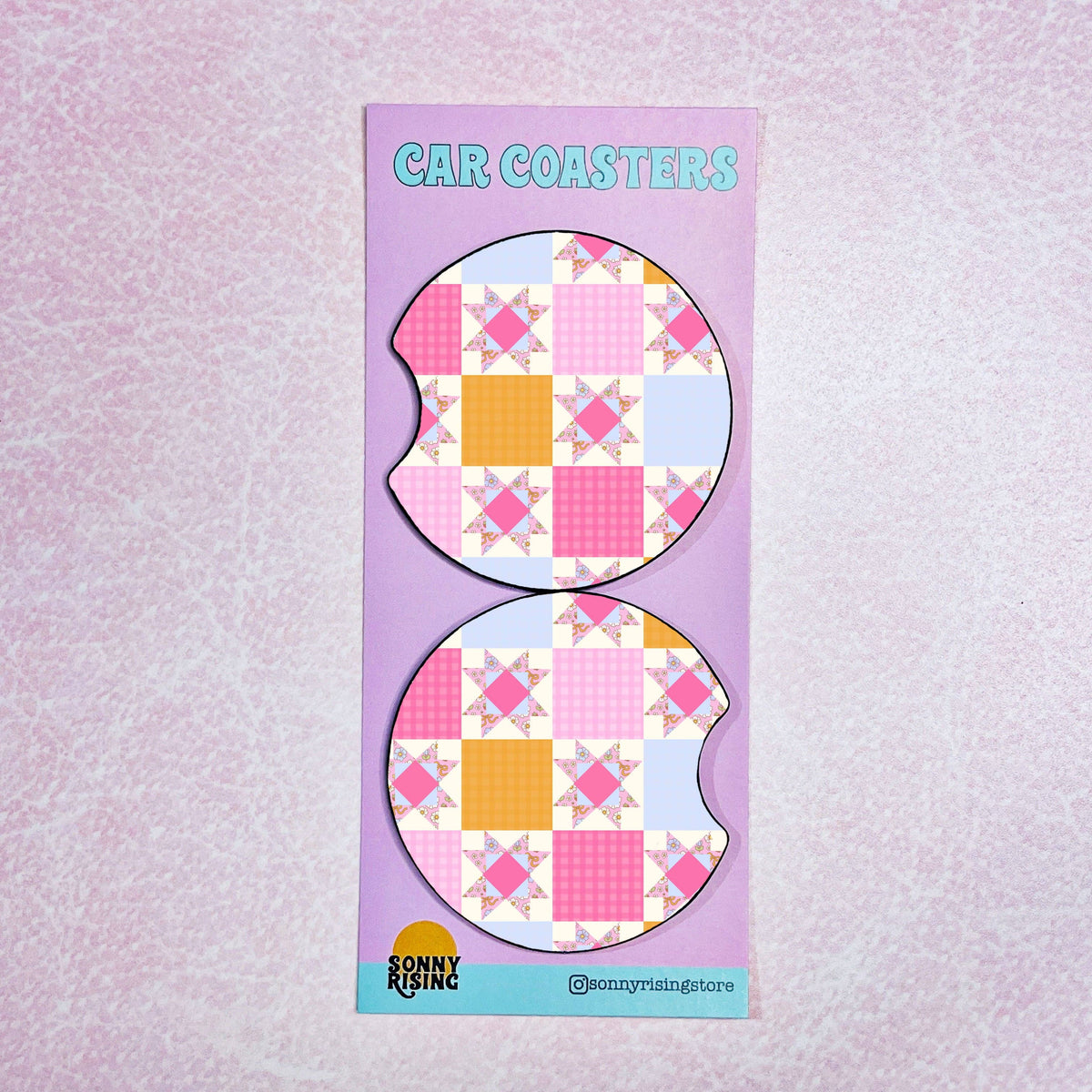 Pink Quilt Car Coasters, 2-Pack