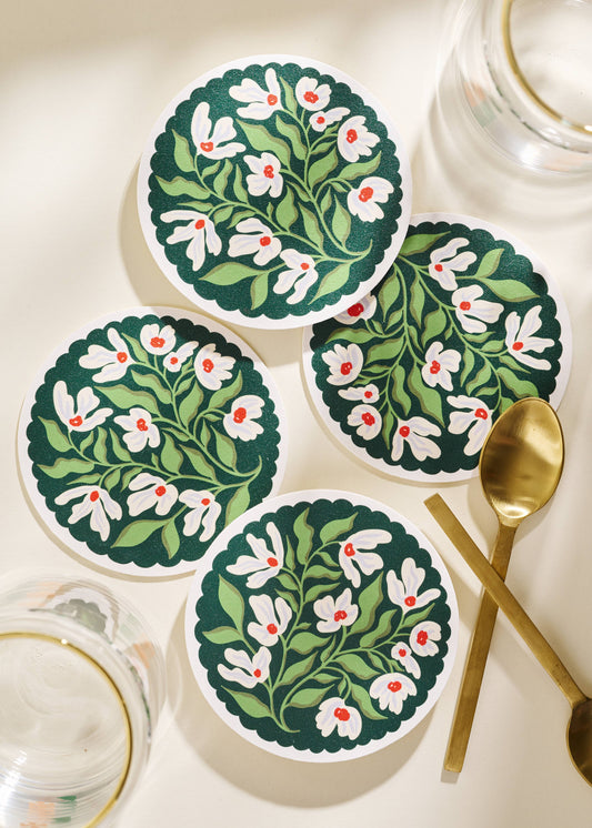 Green and Lavender Floral Scalloped Coasters - Set of 4