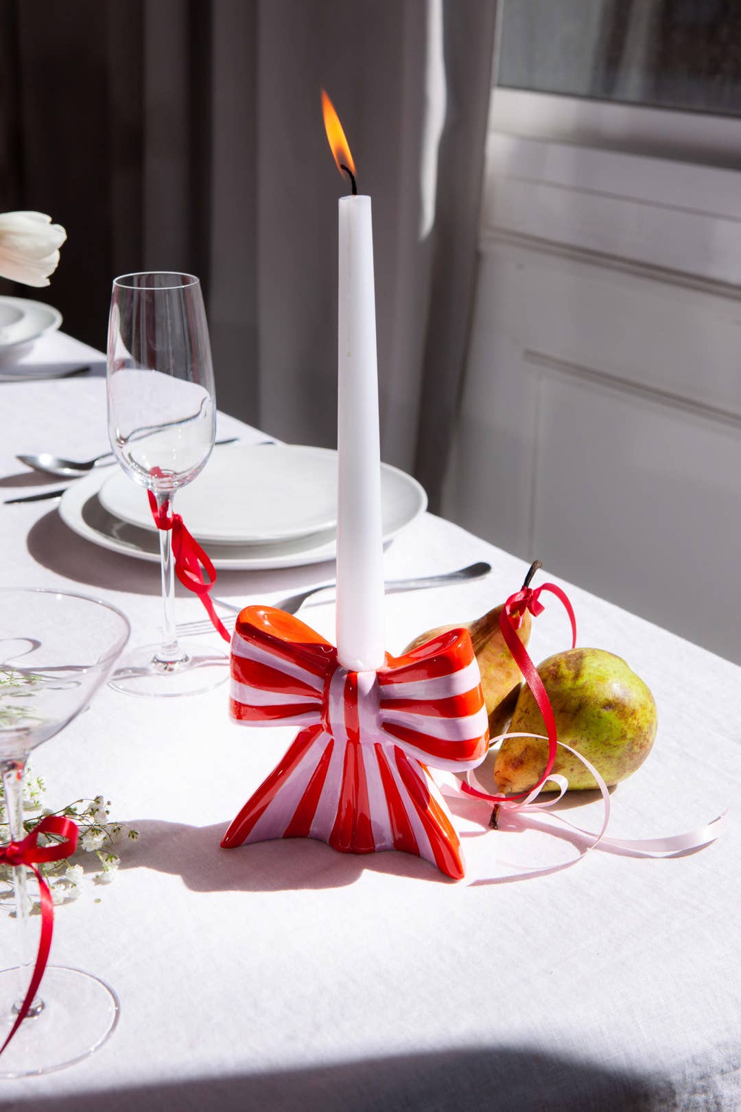 Striped Bow Candle Holder - Medium