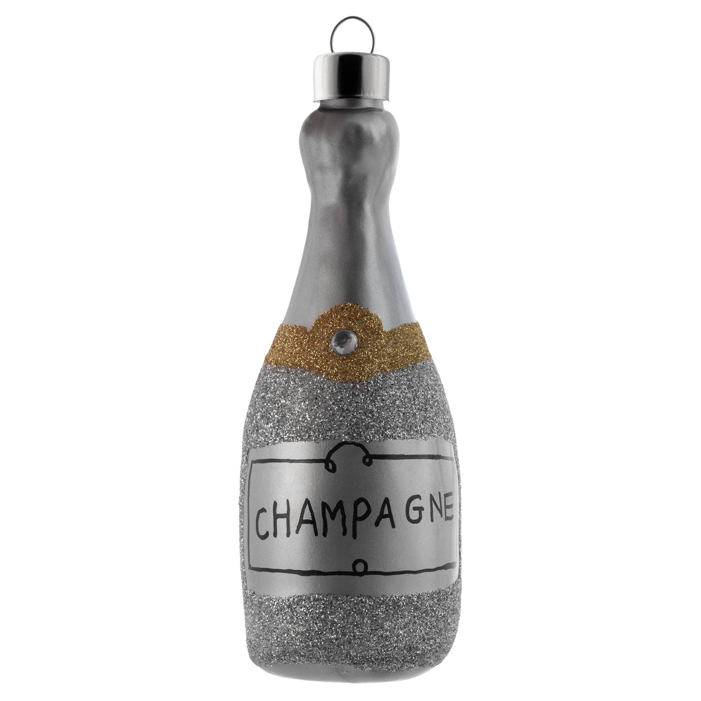 Glitter Champagne Bottle Mercury Glass Ornament