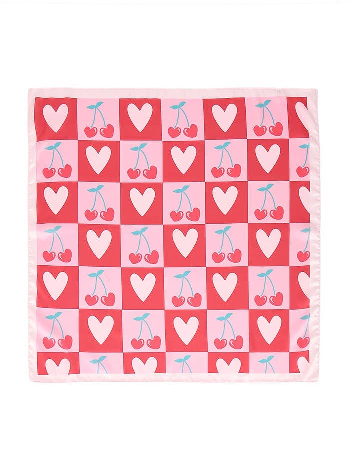 Cherry Heart Checkered Silky Feel Bandana Scarf