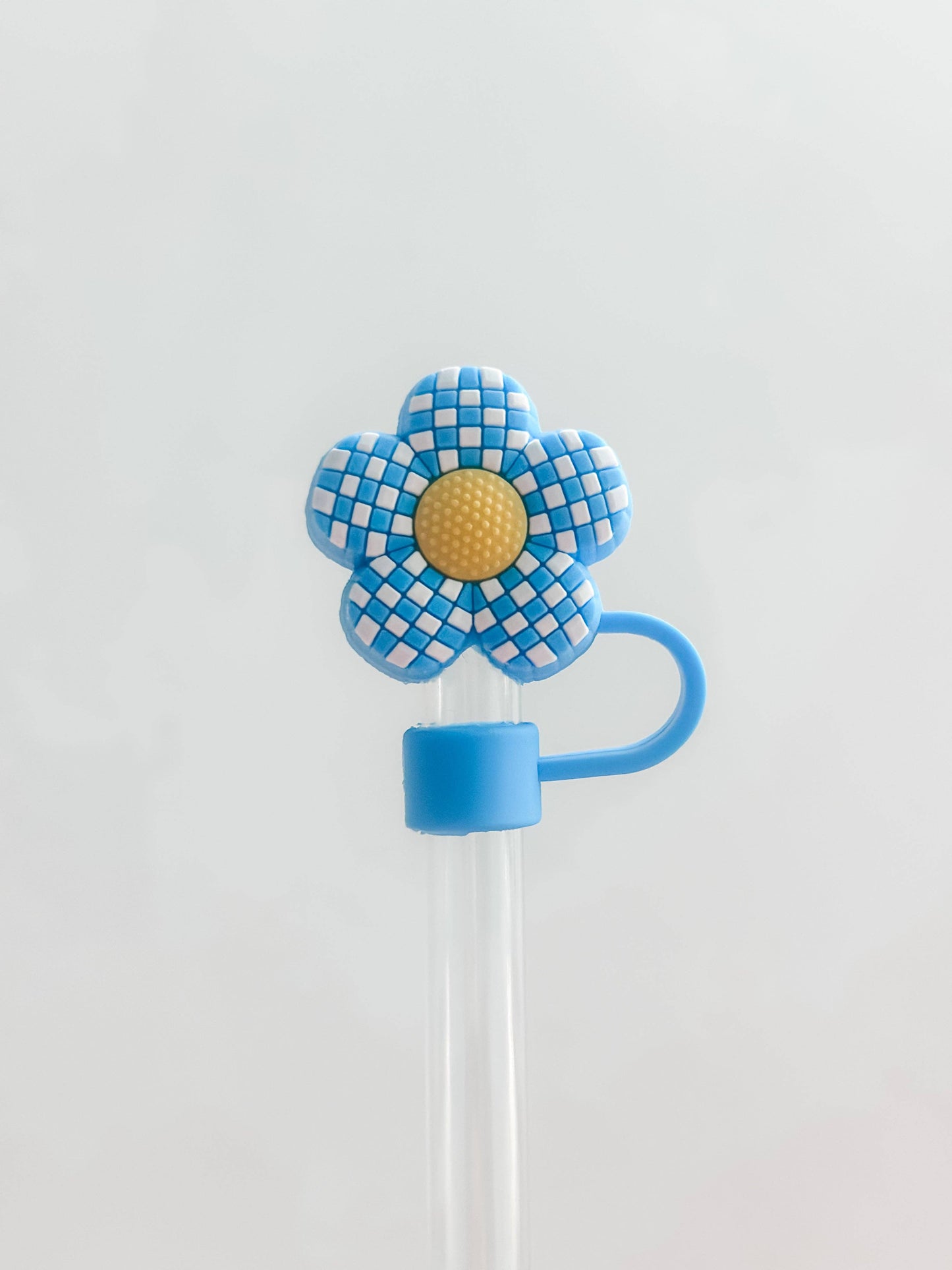 Blue Checkered Flower Straw Cover