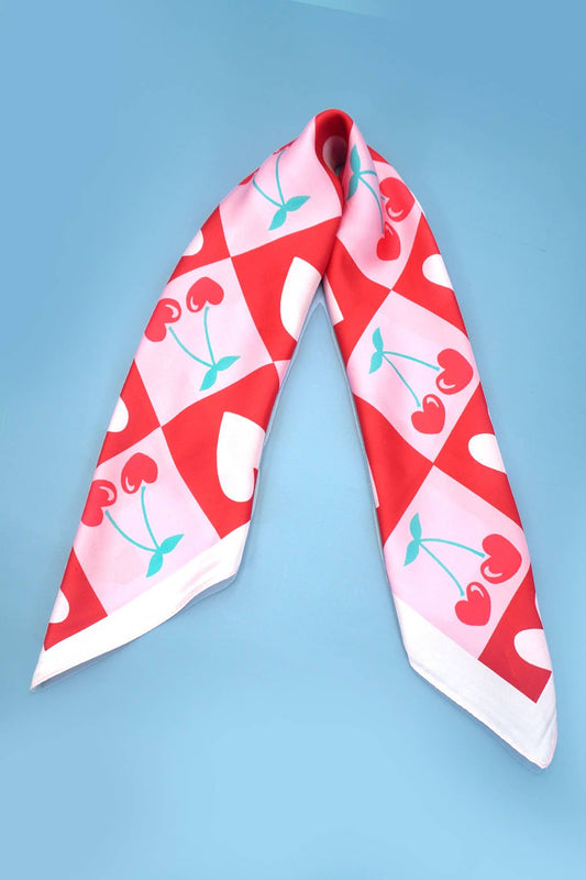 Cherry Heart Checkered Silky Feel Bandana Scarf