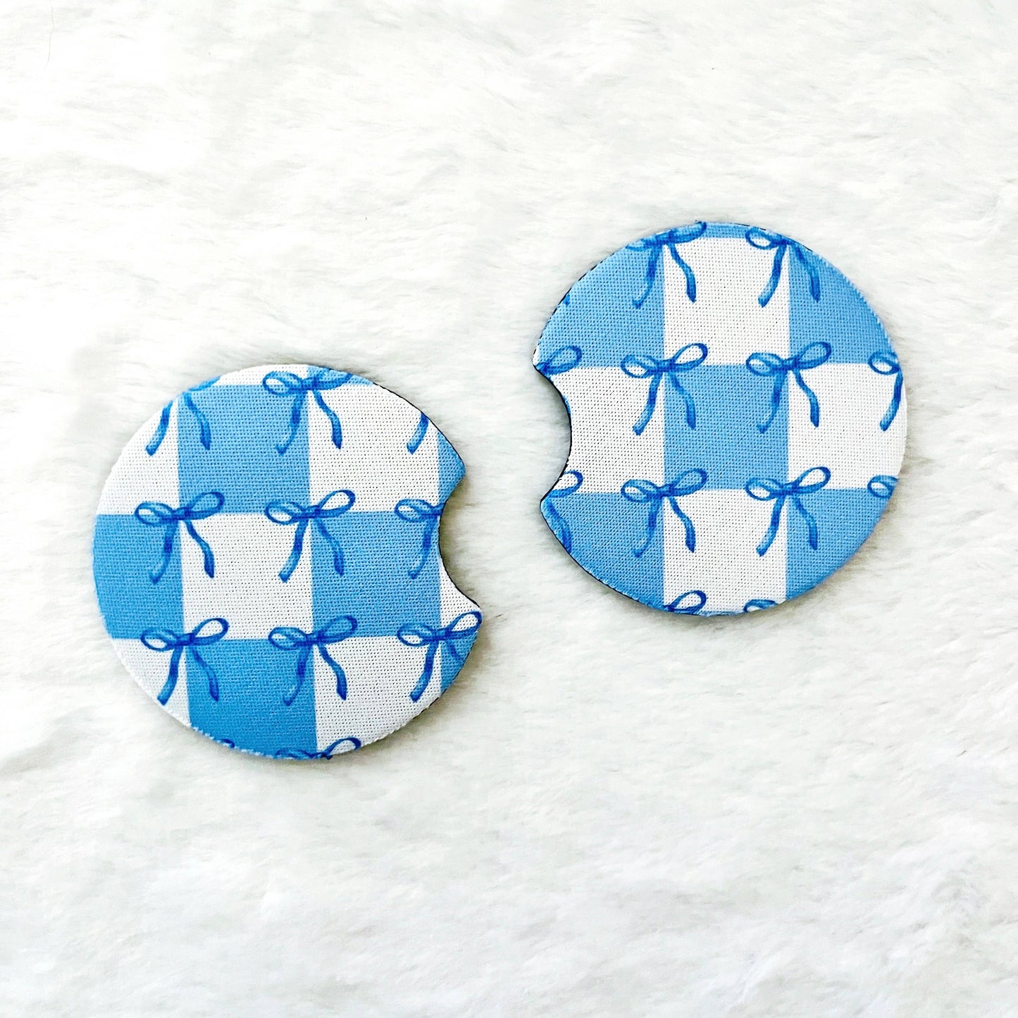 Blue Coquette Bow & Checkers, Car Coasters 2-Pack